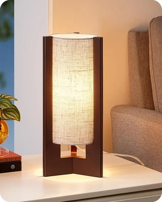 EDISHINE Wood Table Lamp, 13.5" Small Bedside Lamp, Beige Linen Shade Rose Wood - Image 1 of 4