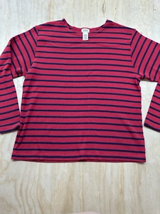 LL Bean Red Blue Sweater XL Cotton Crew Neck Long Sleeve Striped Pull Over - Picture 1 of 5