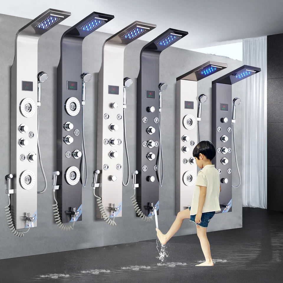 Sistema de torre de panel de ducha de acero inoxidable grifo pulverizador de chorro de masaje de lluvia y cascada Foto 1 de 3