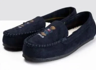 Polo Ralph Lauren Dezi V Bear Moccasin Slippers Navy Blue Suede Womens 10 NEW! - Image 1 of 4