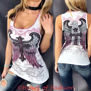 VOCAL White Embellished Cross Wing Graphic Stitch Detail Biker Ribbed Tank Top - Picture 1 of 11