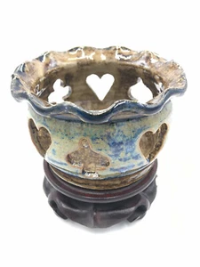 Votive Candleholder Artist Signed Art Pottery Hearts Spades Cutout 2.5" x 3" - Picture 1 of 4