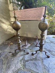 Pair of Traditional Polished Brass Andirons Fire dogs Ball Spire Claw Feet 27” - Picture 1 of 7