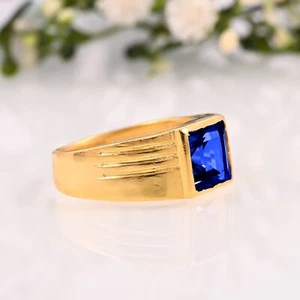 14K Solid Yellow Gold Handmade Ring Gift Men's AAA Natural Tanzanite For Wedding - Picture 1 of 3