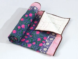 40X40 In Indian Handmade Cotton Filled Quilt Coverlet Block Print Blanket Throw - Picture 1 of 8