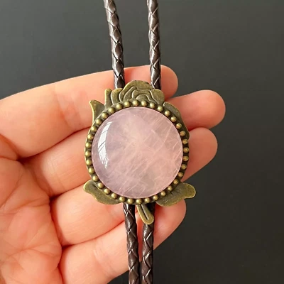 Natural Rose Quartz & Bronze Rose Pattern Bolo Tie Alloy Leather Rope Necklace - Image 1 of 4