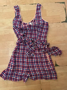 DVF Diane Von Furstenberg Abel Check Cerise Romper Sz Silk Red White Blue AB8 - Picture 1 of 4