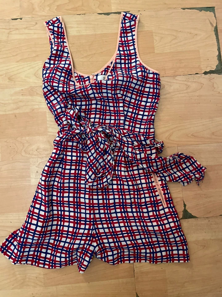 DVF Diane Von Furstenberg Abel Check Cerise Romper Sz Silk Red White Blue AB8 - Image 1 of 4