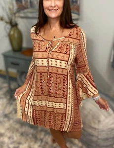 Floral Bell 3/4 Sleeve Keyhole Tie Floaty Shift Tunic Dress Pink S/M/L - Picture 1 of 4