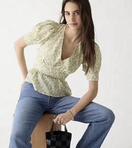 Camicetta donna J Crew manica a sbuffo bianca verde paisley boho cottage taglia large - Foto 1 di 10