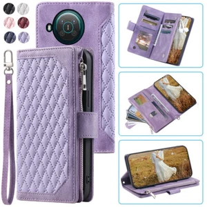 Lujo Cuero Rómbico Billetera Estuche con Cremallera Abatible Tarjeta Teléfono Para Nokia X20 - Imagen 1 de 44
