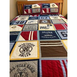 Pottery Barn Kids Boys Quilt & 2 Shams Sports Theme Full/Queen Size 86" x 86" RE