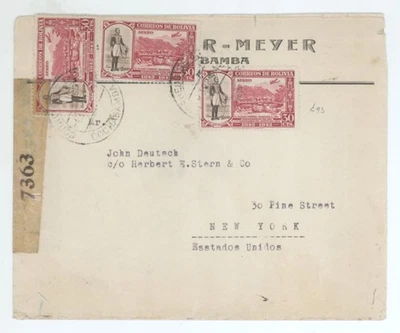 1944 Cochabamba Bolivia - New York NY C93 Air Mail Cover Opened by Examiner - Image 1 of 2
