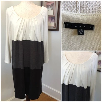 Vestido Suéter Tiana B Color Block L Gris Crema Negro Hecho en EE. UU. Oficina Carrera Foto 1 de 4