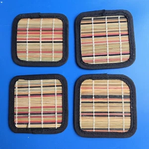 Vintage Bamboo Square Coasters MCM Multicolored Set of 4 Straw Wicker - Picture 1 of 6