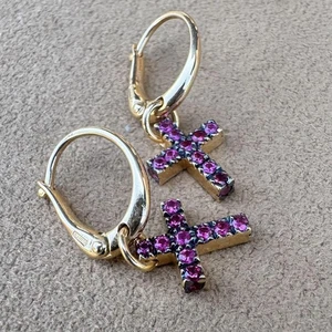 Pomellato Glory Cross Earrings K18PG Ruby 23mm Black Coated Side - Picture 1 of 8