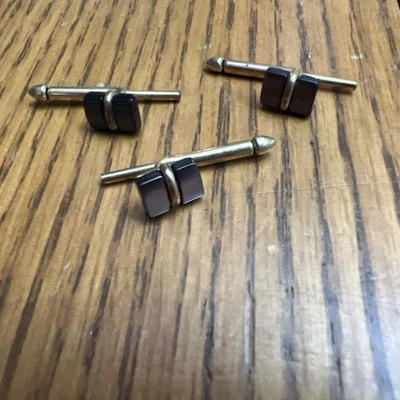 Vintage Shirt Studs Gold With Abalone Shell Tie Bar Clip Clasp Tack set of 3 - Image 1 of 4