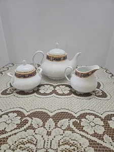 Pegasus Fine Porcelain Afternoon Teapot Sugar & Creamer White Blue & Gold PGE9 - Picture 1 of 19