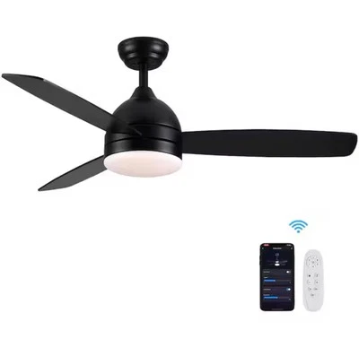 YUHAO Smart Ceiling Fan 48"x48"x14.96" Matte Black w/Integrated LED Dimmable - Image 1 of 4