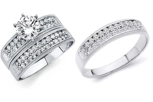 7,2 kt runder Ehering 3-teiliges Set echtes 14 K Weißgold passendes Band His Her - Bild 1 von 10