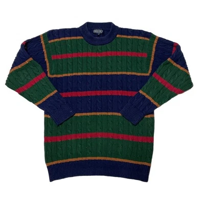 Vintage Lands End Cable Knit Sweater Mens Medium Striped Cotton Fisherman - Image 1 of 3