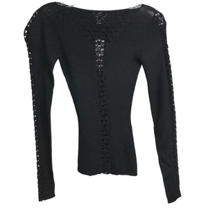 Cache Rayon Sweater Womens Small Black V-Neck Eyelet Lace Front Slim Ribbed NWT - Picture 1 of 5