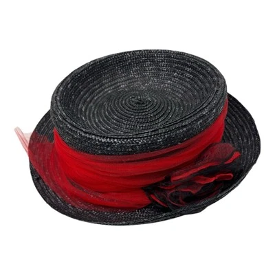Sombrero de Paja Fratelli Talli Negro Cinta de Tul Rojo Italia Estilo Navegante Foto 1 de 4
