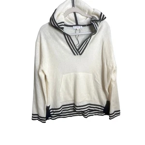 White Warren Cashmere Ramona Varsity V Neck Sweater Hoodie Preppy Sz M Cozy - Picture 1 of 20