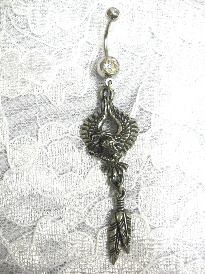 RARE EJC PEWTER ENGRAVED EAGLE w TWIN FEATHER DREAM CATCHER CZ BELLY BUTTON RING - Image 1 of 1