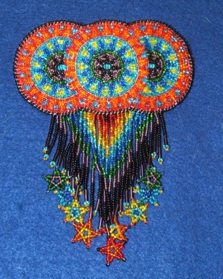 Hand Beaded 3 Circle Barrette w Star Fringe 4.5"x2.5" French Clip closure # 02 - Image 1 of 3