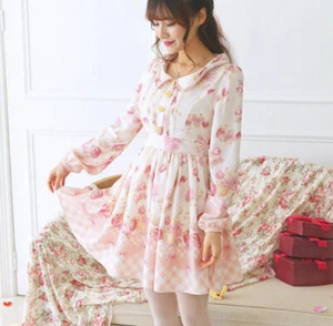 Uncle Flower Princess Sweet Lolita Babydoll Dress Bow-Knot Neck Puff Sleeves XS - Picture 1 of 9