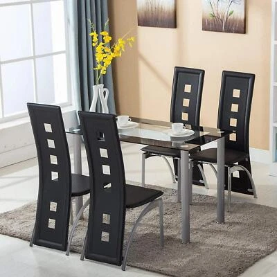 Elegante juego de mesa de comedor de vidrio de 5 piezas 4 sillas de cuero sintético juego de muebles de comedor Foto 1 de 4
