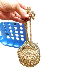 Vtg Lovely Macrame & Beads Evening Bag Purse Metallic Gold Round Bottom Japan - Picture 1 of 11