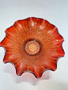 Fenton Red Carnival Glass Bowl 10.5" Diameter 4" High Hearts & Flowers Ruffled - Picture 1 of 9