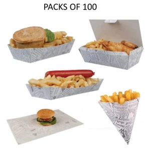 100 - Newspaper Print Fish & Chips Fast Food Take Away Packaging Tray Boxes - Picture 1 of 7