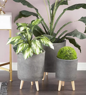 Set of 3 Contemporary Grey Fiber Clay Cylindrical Planter Pots With Wooden Feet - Image 1 of 4