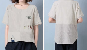 Blusa floral vintage de algodón/lino suave para mujer manga corta ropa camiseta genial - Imagen 1 de 4