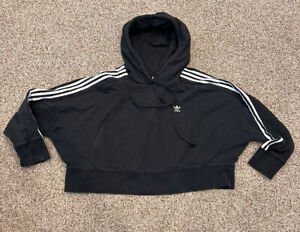 Women's 2X Cropped ADIDAS Drawsting Hoodie - Black with Signature Stripes