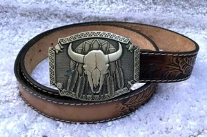 Spencers Western World Sattel Ledergürtel 1 3/8 Zoll Schädelhorn Messingschnalle 46 Zoll - Bild 1 von 11
