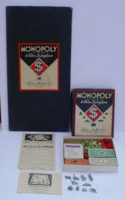 Vintage 1935 1946 Monopoly Game Black Diamond Box w/train Metal pcs Alligator - Image 1 of 4
