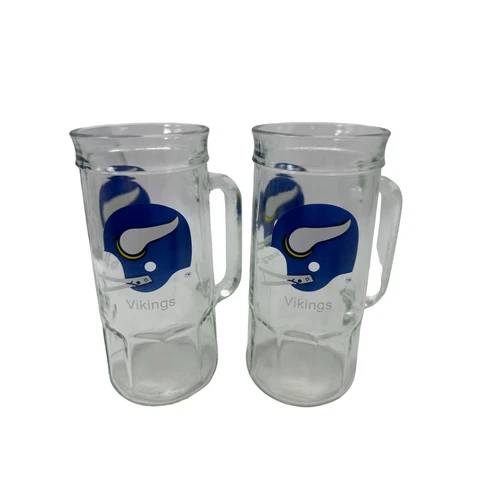 2 Vintage Fisher Peanuts NFL Minnesota Vikings Football Glass Beer Stein Cover