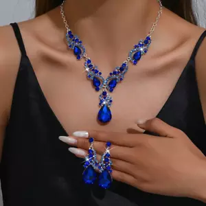 Set collana strass cristallo blu matrimonio sposa festa ballo abito gioielli set - Foto 1 di 2