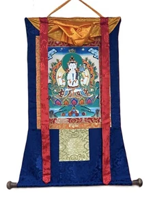 AVALOKITESHVARA/ CHENREZIG ORIGINAL TIBETAN THANGKA PAINTING WITH SILK BROCADE - Picture 1 of 13
