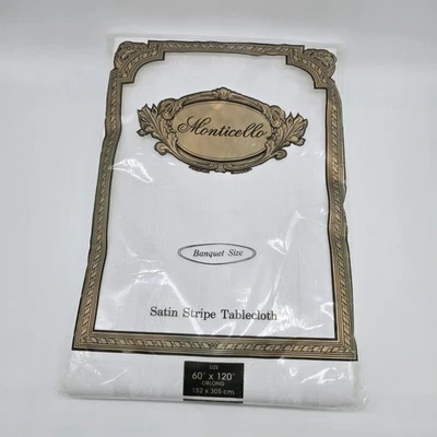 VTG Monticello Banquet Size Satin Stripe Tablecloth White 60”x 120” Oblong - Image 1 of 4