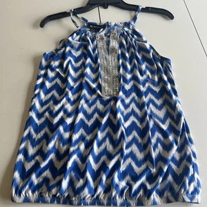 FNC Camicia estiva donna blu bianca stampa canotta taglia M paillettes - Foto 1 di 4