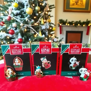 Vintage Hallmark Keepsake Miniature Ornaments Set Of 3 Animal Themed 1990/1991 - Picture 1 of 16