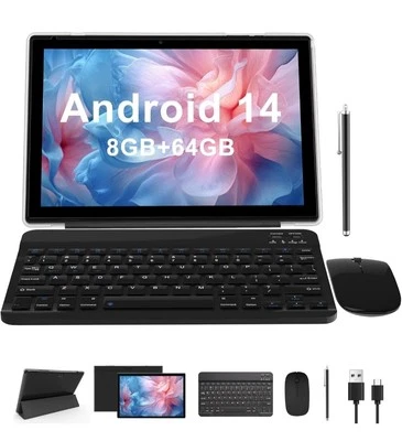2 in 1 Tablet 10 Inch Android 14 OS Tableta, Tablets with 8GB+64GB SET, Black  - Image 1 of 4
