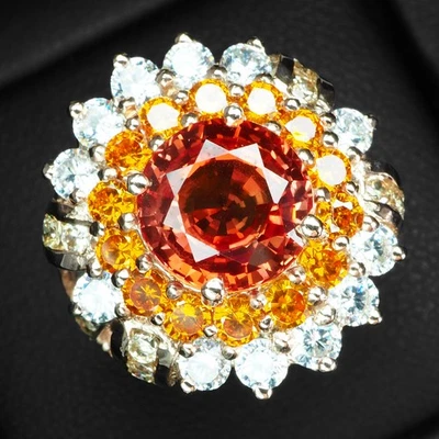 Elysian Sunset Orange Sapphire 4.54Ct 925 Sterling Silver Handmade Halo Rings - Image 1 of 4