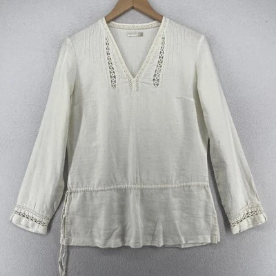 Blusa de lino para mujer M campesina pintuck crochet ribete peplum cintura cuello en V blanca Foto 1 de 4
