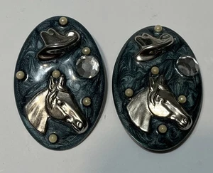 Cowboy Hat & Horse Equestrian Enamel Clip-On Earrings 2 Inch  - Picture 1 of 2